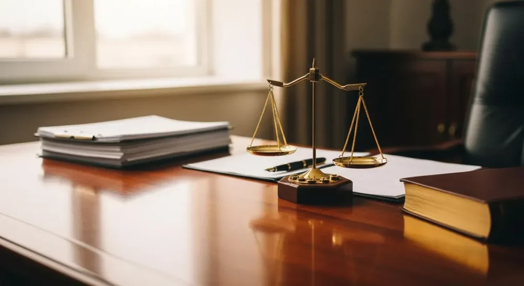 Professional photorealistic photograph of a polished mahogany desk in a law firm office with a central brass scales of justice, neatly stacked blank legal documents, a closed leather-bound book and a fountain pen, bathed in soft natural window light to convey authority and trust. Shot with shallow depth of field, warm tones and subtle bokeh, no visible text, logos or signage.