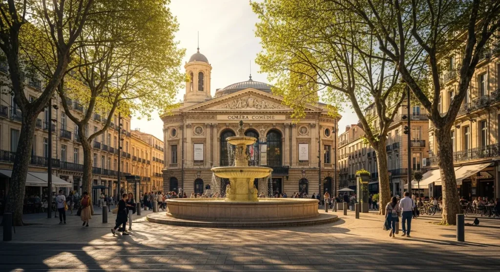 Professional photorealistic photograph of Place de la Comédie in Montpellier, France, featuring the Fontaine des Trois Grâces in the foreground with the Opéra Comédie and ochre stone façades, plane trees and subtle tram tracks under warm southern sunlight, natural street life with pedestrians and café terraces for authenticity. Authentic real location, high-resolution cinematic lighting, no visible text, signs, or written words in the scene.