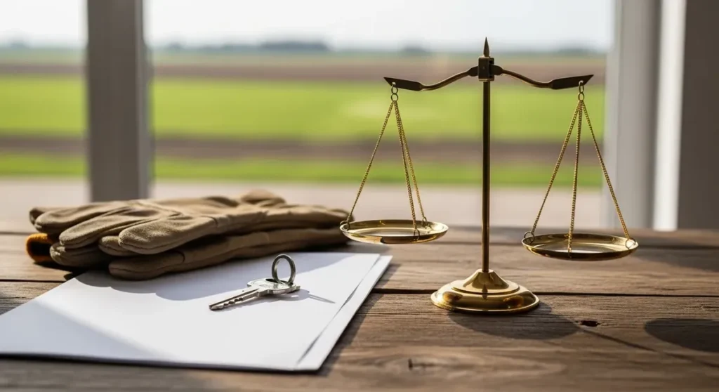 Professional photograph of scales of justice on a rustic wooden desk beside blank legal documents, a pair of worn work gloves and a tractor key, symbolizing rural law; soft natural light and shallow depth of field for a serious, respectful mood. Blurred farmland visible through a window in the background, no visible text or signage.