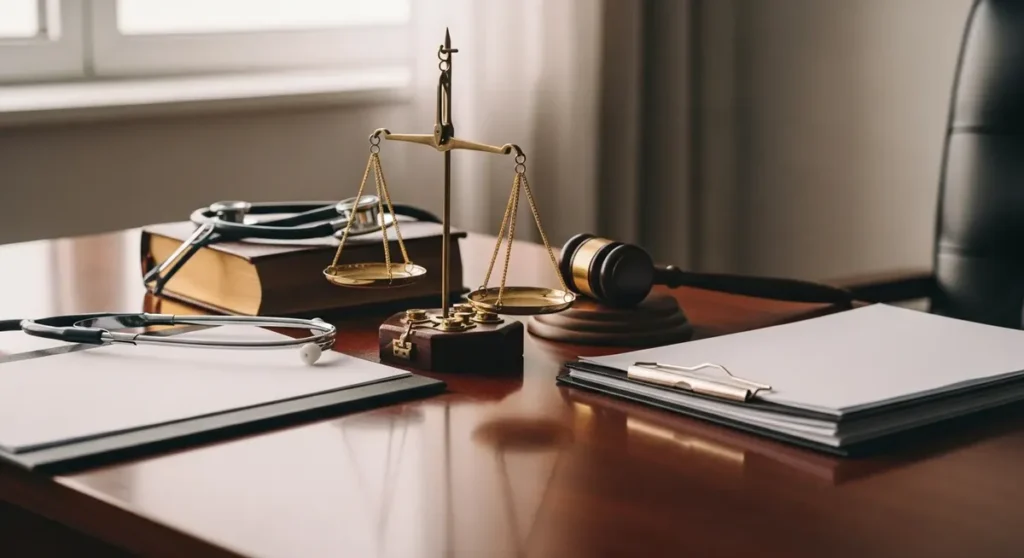 Professional photorealistic photograph of a polished mahogany desk in a law office with a brass scales of justice, a stethoscope draped over a closed leather-bound book, a wooden gavel nearby and neatly stacked blank legal documents, evoking medical law and ethical responsibility. Soft natural window light, shallow depth of field, warm cinematic tones, no visible text, signage, or writing anywhere in the scene.