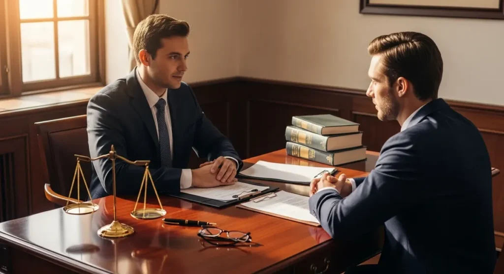 Professional photorealistic photograph of a lawyer consulting with a client in an elegant law office: a well-dressed attorney and a concerned client seated across a mahogany desk bathed in warm natural light, expressions focused and empathetic. On the desk are polished scales of justice, blank legal documents and closed law books, a fountain pen and eyeglasses arranged to symbolize social security and labor disputes, with no visible text, signs, or writing.
