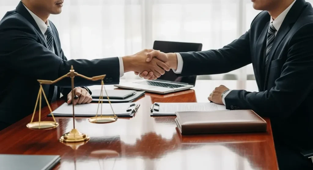 Professional photorealistic photograph of a corporate legal consultation: two well-dressed executives shaking hands across a polished mahogany conference table with a brass scales of justice, blank legal documents, closed leather-bound folders, and a sleek laptop, soft natural window light, shallow depth of field, high-resolution. Diverse professionals with focused expressions in a modern boardroom, cinematic composition, no visible text, signs, or writing.