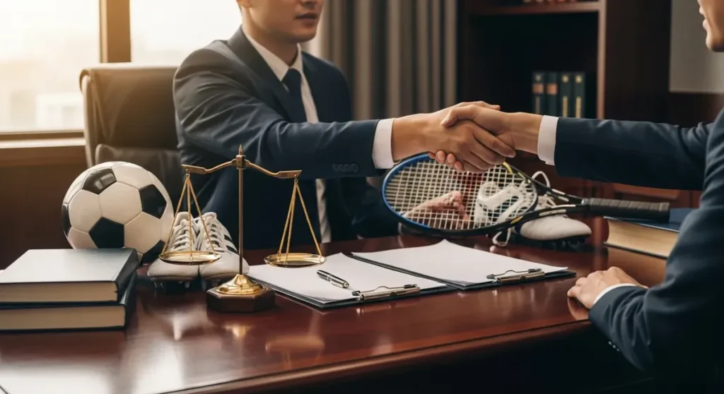 Professional photorealistic photograph of a polished mahogany lawyer's desk in a high-end office, featuring a prominent brass scales of justice, blank legal documents and closed law books, with sports equipment (a soccer ball, tennis racket, and a pair of cleats) arranged to symbolize sports law; warm natural window light, shallow depth of field, and cinematic professional lighting. A handshake between a suited lawyer and an athlete is visible with faces out of frame, no visible text, signs, or writing, high-resolution editorial style.