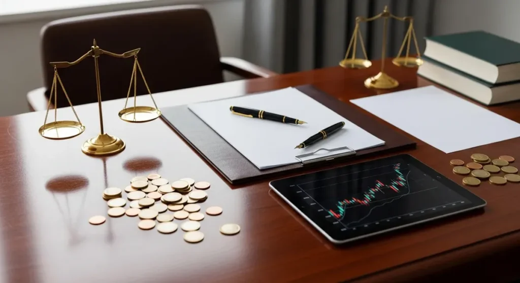 Professional photorealistic photograph of a polished mahogany desk in a modern law office featuring scales of justice, blank legal documents and closed legal books, a fountain pen, euro coins and a tablet showing abstract stock market charts (no visible text). Soft natural lighting, shallow depth of field, polished corporate legal atmosphere conveying banking and securities law without any signage or writing.