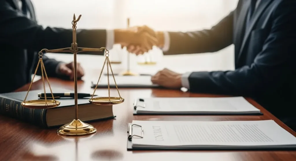 Professional photorealistic photograph of a modern law firm conference table conveying commercial law and business counsel: warm mahogany table, brass scales of justice, a closed leather-bound legal book, and crisp blank contract papers arranged neatly. Soft natural light, two professionals in suits exchanging a handshake slightly out of focus to suggest partnership and confidentiality, shallow depth of field, no visible text or signage.
