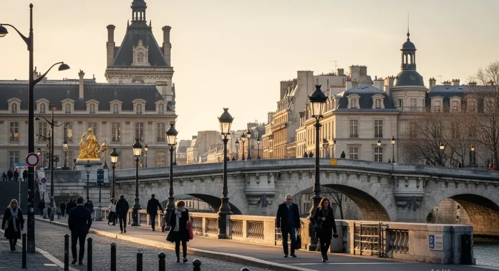 Professional photorealistic photograph of Paris's legal district on Île de la Cité: the Palais de Justice and Pont Neuf along the Seine, detailed Haussmannian facades, ornate stone bridges and classic Parisian street lamps, pedestrians in professional attire, soft golden-hour lighting. Authentic real-location shot with cinematic natural light, shallow depth of field, no visible text, signs, or written words.