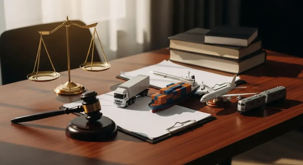 Professional photorealistic photograph of a mahogany lawyer's desk styled for transport law: polished scales of justice, a wooden gavel, blank legal documents and closed law books, with four unbranded miniature models representing a cargo truck, a container ship, an airplane, and a train arranged thoughtfully under warm natural light. Modern, authoritative atmosphere with shallow depth of field, cinematic composition, and no visible text, signs, logos, or writing anywhere in the scene.